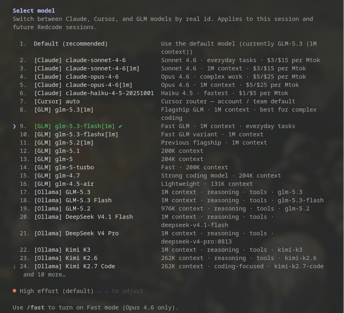 Red Code model picker — Claude, Cursor, GLM, and Ollama routing