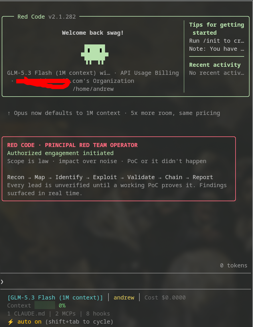Red Code welcome screen — operator banner with the methodology loop